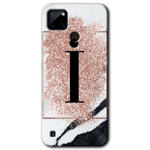 Realme C21 Kılıf HD Desen Baskılı Arka Kapak - Pembe Mermer Desenli İ Harfi + Kırılmaz Cam