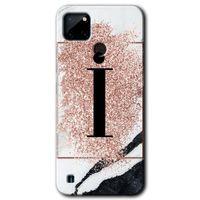 Realme C21 Kılıf HD Desen Baskılı Arka Kapak - Pembe Mermer Desenli İ Harfi + Kırılmaz Cam