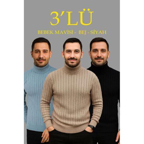 Erkek Fitilli Triko Kazak 3lÜ Set Bebek Mavisi Bej Siyah Regular Balıkcı Yaka Tam Boğazlı Triko Seti Modeli Kazak