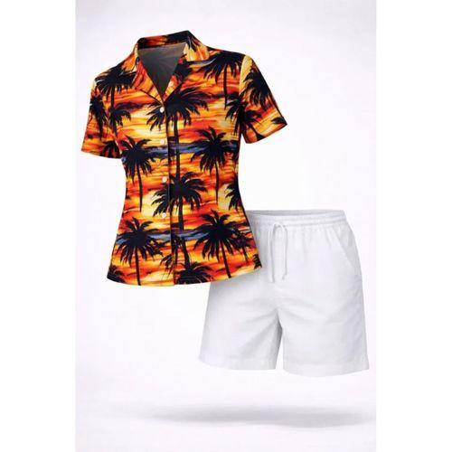 Tropikal Palmiye Desenli Gömlek Şort Takım Yazlık Rahat Kalıp - Desenli