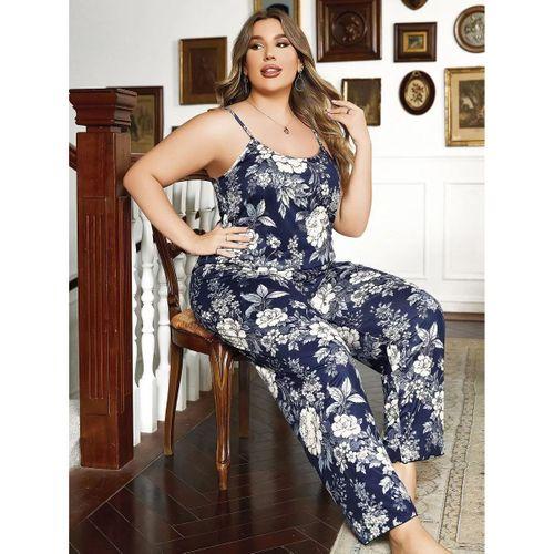 Büyük Beden Çiçek Desenli İnce Askılı Lacivert 2'li Takım