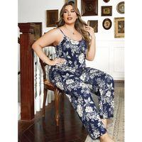 Büyük Beden Çiçek Desenli İnce Askılı Lacivert 2'li Takım