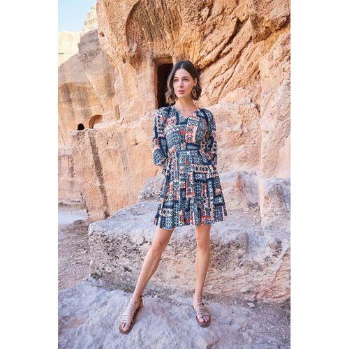 Etnik Desenli Truvakar Kollu V Yaka Elbise