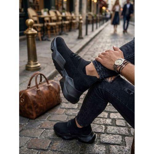 403 Yumuşak Triko Dokulu Yüksek Taban Siyah Spor Ayakkabı