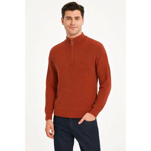 Erkek Yarım Fermuarlı Triko Kazak – Selanik Örgü, Dik Yaka, Pamuklu Dokuma, Regular Fit Uzun Kollu Kışlık Model - Kiremit