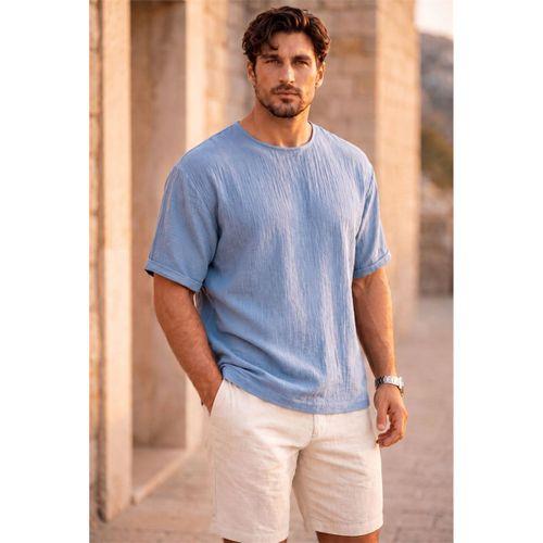 Godard Relax Fit %100 Pamuk Müslin Kumaş Duble Kol Bisiklet Yaka Erkek T-Shirt - Soğuk Mavi