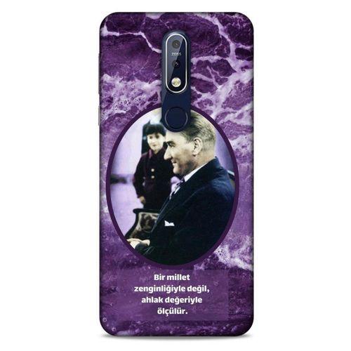 Nokia 7.1 Kılıf Atatürk (10) Full Koruma Kılıfı Mor