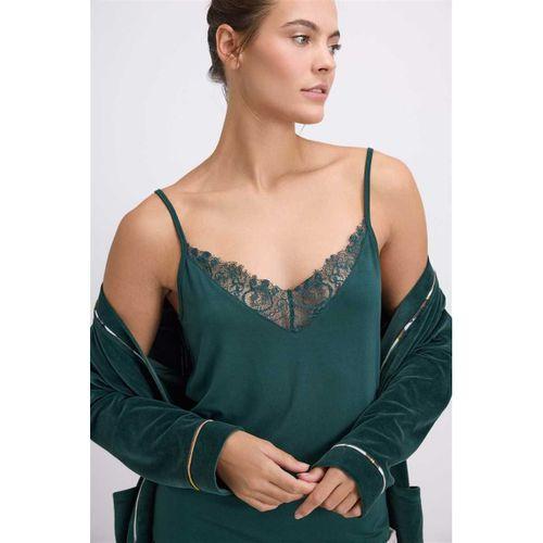 Kadın Kadife Sabahlık, Dantelli Atlet Ve Desenli Pantolon Pijama Takım