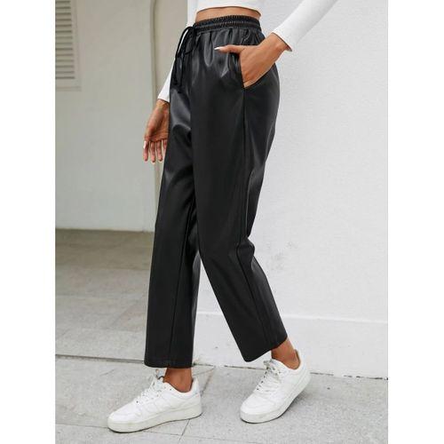 Kadın Yüksel Bel Bağcıklı Deri Pantolon