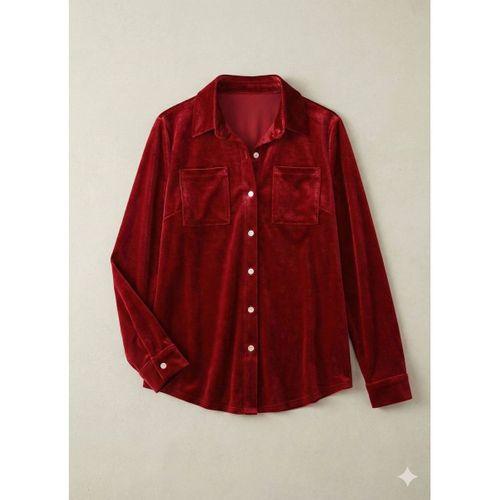 Kadın Uzun Kollu Yakalı önden Düğmeli Cep Detaylı Kadife Gömlek