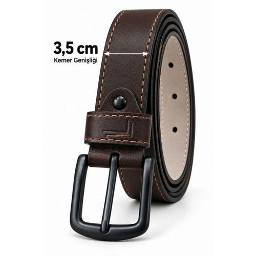 Erkek Kahverengi 3,5 Cm Dikiş Detaylı Metal Tokalı Kot Ve Kumaş Pantolon Kemeri