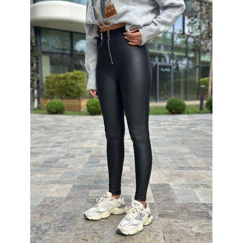 Kadın Yüksek Bel Fermuar Detay Deri Pantolon