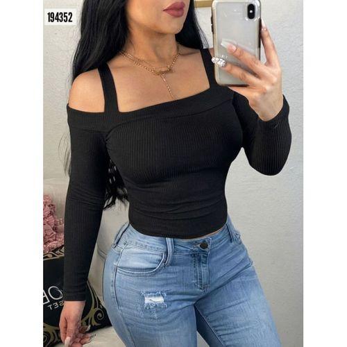 Kadın Uzun Kollu Madonna Yaka Askılı Krop Kaşkorse Bluz