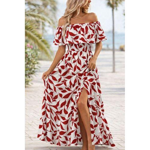 Kadın Madonna Yaka Göğüs Lastikli Yırtmaçlı Uzun Desenli Süprem Elbise