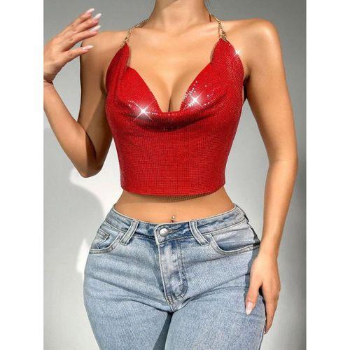 Parlak Kırmızı Crop & Bluz Kolsuz Kayık Yaka Zırh Büstiyer