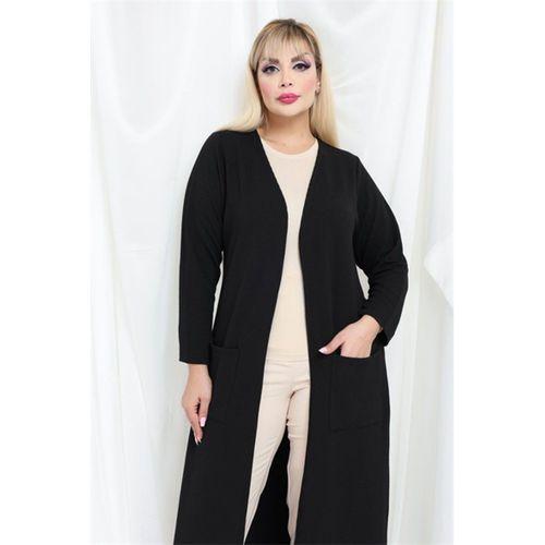 Melsay Butik Büyük Beden Siyah Dokulu Örme Kumaş Uzun Kadın Hırka