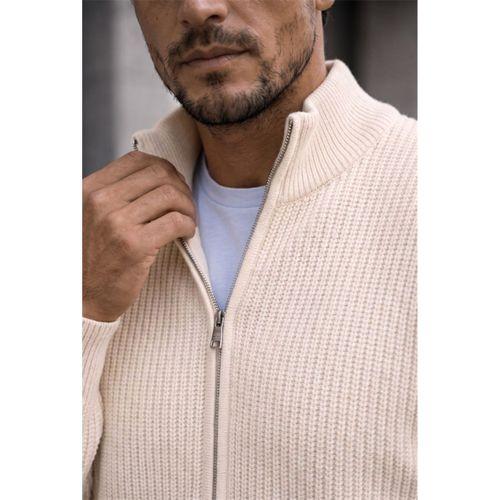 Woody Oversize Selanik Örme Fermuarlı Erkek Hırka - Taş