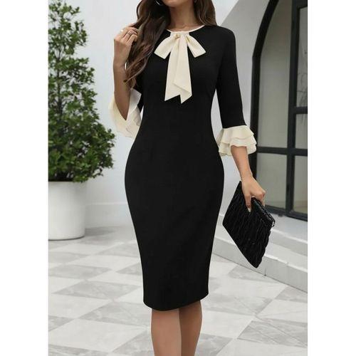 Kadın Truvakar Kollu Fiyonk Yakalı Midi Ithal Krep Elbise