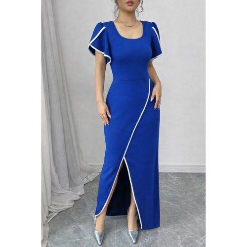 Kadın Kısa Kollu Kare Yakalı önden çapraz Kesim Detaylı Krep Elbise