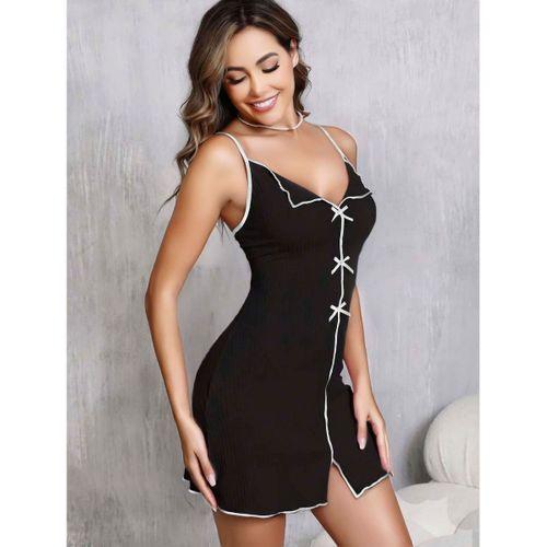 Kadın Siyah Fiyonklu Askılı Gecelik 5111