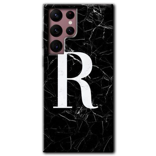 MRCİLETİSİM Samsung Galaxy S22 Ultra Kılıf HD Desen Baskılı Arka Kapak + Temperli Cam - Siyah Mermer Desenli R Harfi