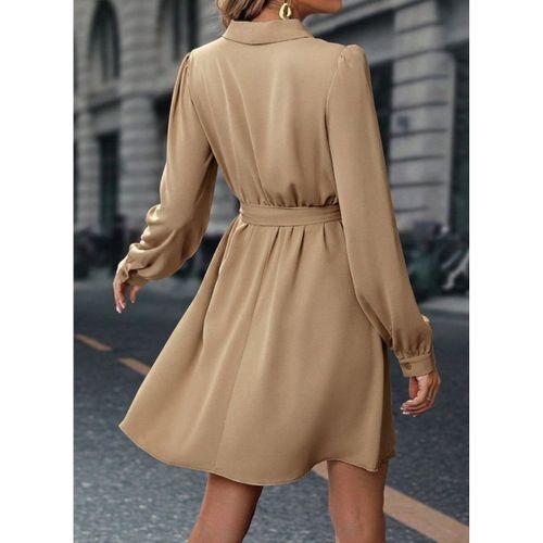 Kadın Uzun Kollu Kruvaze Yakalı Belden Kuşaklı Mini çift Katlı Ithal Krep Elbise