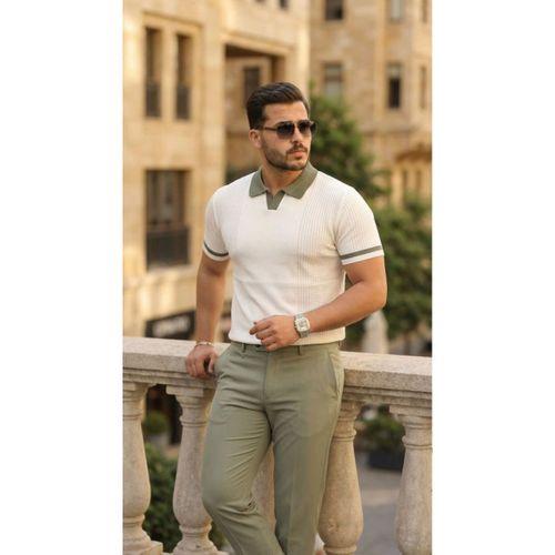 Erkek Renkli Yakalı File Desenli Kısa Kollu Tişört