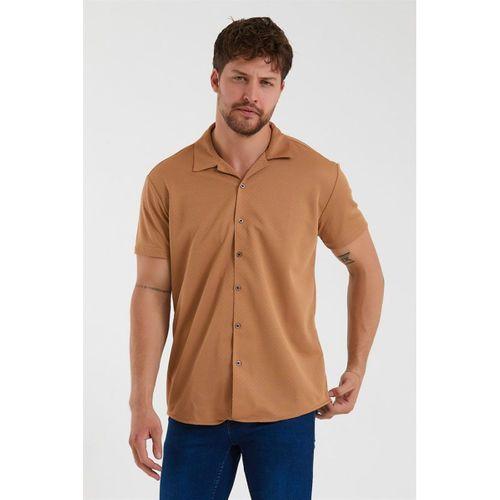 Erkek Bej Kısa Kollu Pamuklu Petek Desenli Slim Fit Apaş Yaka Gömlek 21Y-4300594-04-1