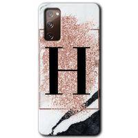 Samsung Galaxy S20 FE Kılıf Baskılı Kapak - Pembe Mermer Desenli H Harfi + 5D Tam Kaplayan Cam