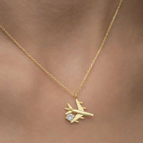 Lucky Life 925 Ayar Gumuss Gold Tek Taşlı Uçak Lucky Life Lucky Life Kadın Kolye