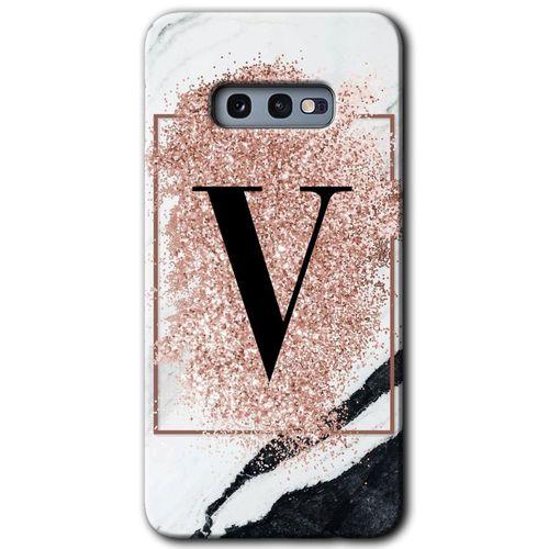 Samsung Galaxy S10e Kılıf Baskılı Kapak - Pembe Mermer Desenli V Harfi + 5D Tam Kaplayan Cam