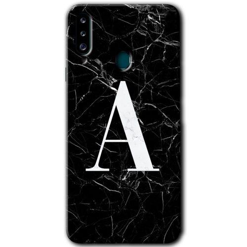 Potkal Hediye Fabrikası Samsung Galaxy A20s HD Baskılı Kılıf + 9D Tam Ekran Koruyucu - Siyah Mermer Desenli A Harfi