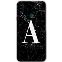 Potkal Hediye Fabrikası Samsung Galaxy A20s HD Baskılı Kılıf + 9D Tam Ekran Koruyucu - Siyah Mermer Desenli A Harfi