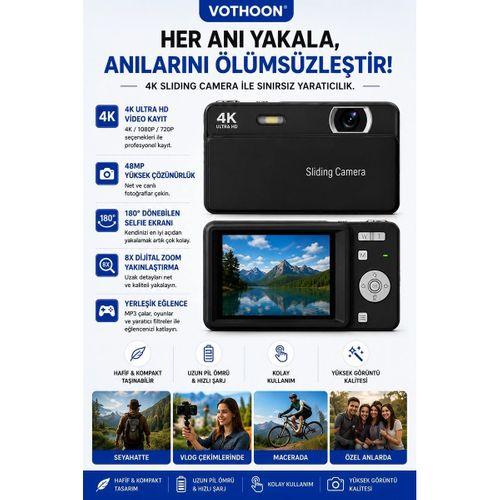 Dijital Kamera 4k Hd 48mp 16x Zoom Flaşlı Kayar Retro Video Kamera 2 8’’ Ekran 64gb Sd Kart Hediyeli Siyah