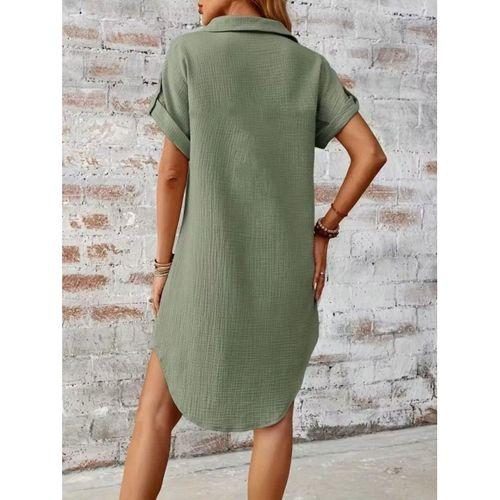 Kadın Kısa Kollu Yakalı önden Düğmeli Bürümcük Kısa Elbise