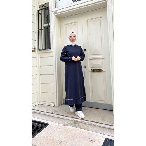 Bisiklet Yaka Dikiş Detaylı Uzun Sweat Pantolon İkili Tesettür Eşofman Takımı - 71174.015 - Lacivert