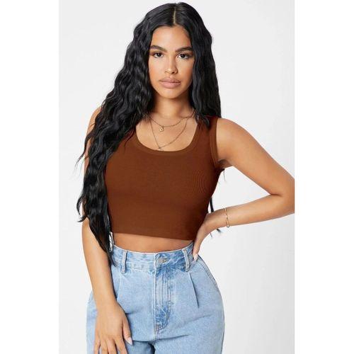 Kadın Kahverengi Modern Fit Kare Yaka Crop Top Bluz