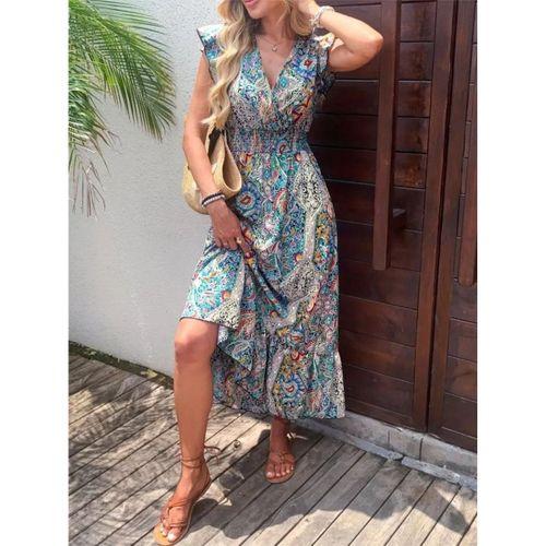 Kadın Kısa Kollu Kruvaze Yakalı Desenli Maxi Elbise