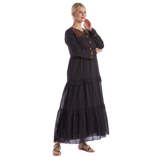 Uzun Kol Bisiklet Yaka Nakışlı Vual Siyah İlkbahar & Yazlık Elbise