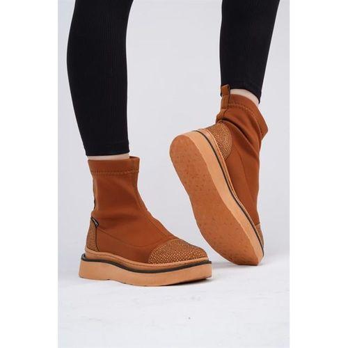 Afron Taba Renkli Taba Deri Detaylı Taşlı Kışlık Kadın Bot