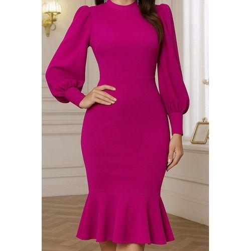 Kadın Uzun Kollu Yarı Balıkçı Yaka Etek Ucu Fırfır Detaylı Midi Ithal Krep Elbise