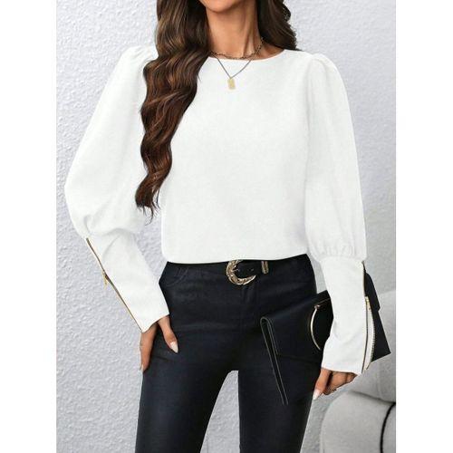 Kadın Uzun Kollu Bisiklet Yaka Fermuar Detaylı Ithal Krep Bluz