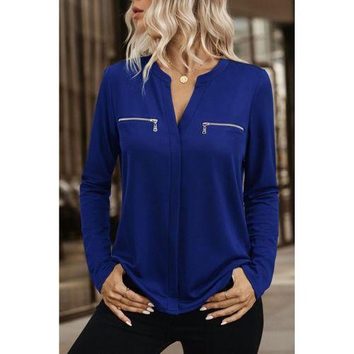 Kadın Uzun Kollu V Hakim Yaka Fermuar Detaylı Viskon Bluz