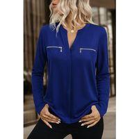 Kadın Uzun Kollu V Hakim Yaka Fermuar Detaylı Viskon Bluz