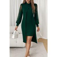 Kadın Uzun Kollu Yarı Balıkçı Yaka Tül Ve Inci Detaylı Kısa Ithal Krep Midi Elbise