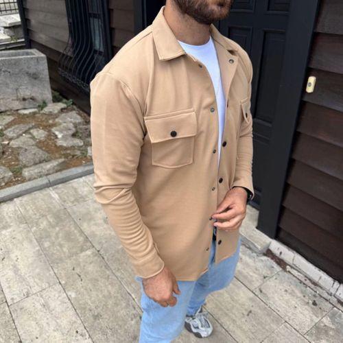 Erkek Diagonal Kumaş Cepli Çıtçıtlı Uzun Kollu, Gömlek Oversize Rahat Kalıp Günlük Şık Stil - Bej