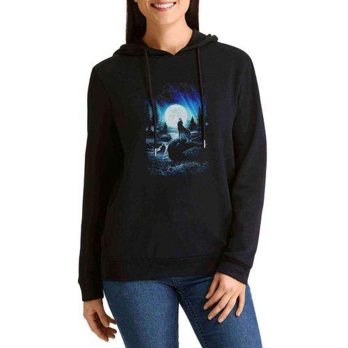 Ice Wolf Kurt Baskılı Siyah Kadın Kapşonlu Sweashirt