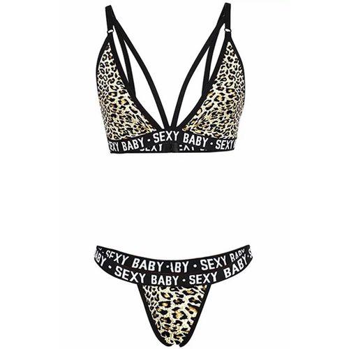 Kadın Leopar Desenli Yazı Detaylı Ipli Sütyen Takımı