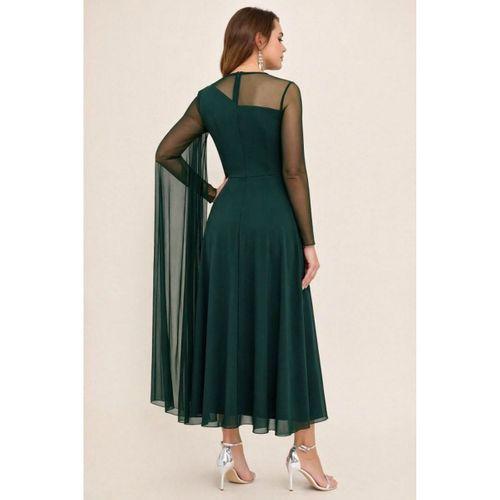 Kadın Uzun Kollu Yarı Balıkçı Yaka Tül Detaylı Uzun Sandy Elbise