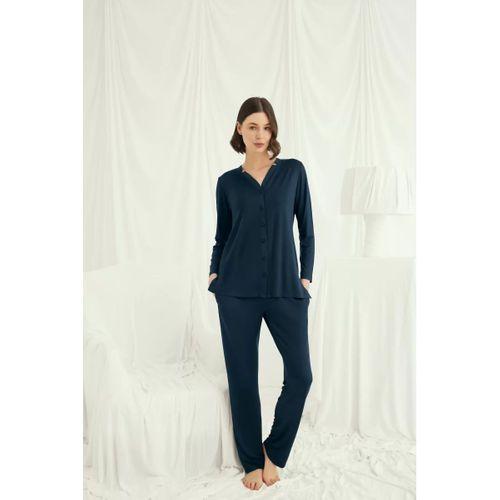 Uzun Kollu Boydan Düğmeli V Yaka Pijama Takımı